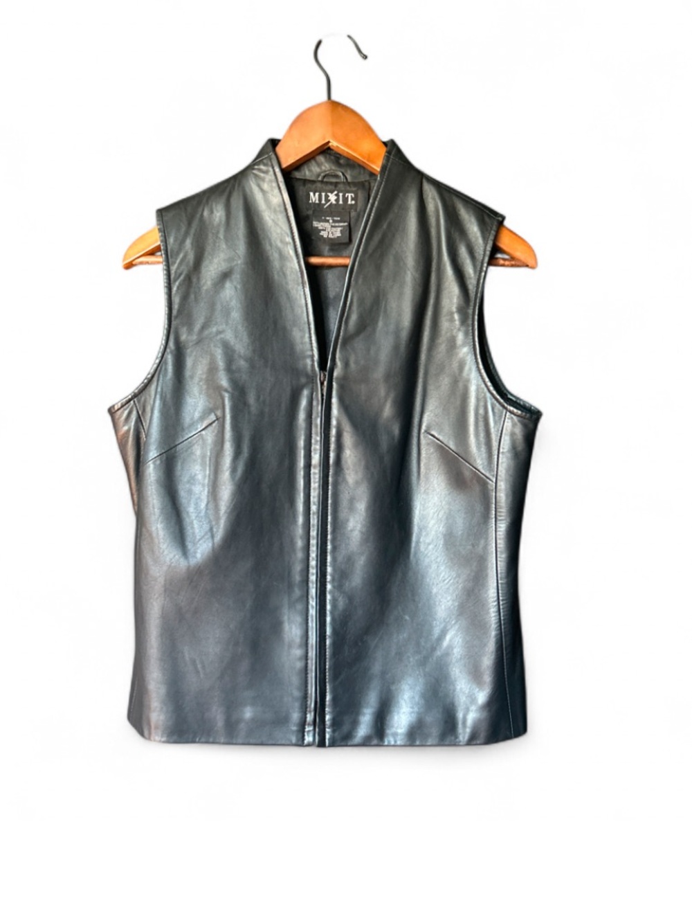 Mixit Black Genuine Leather Sleeveless Zip Vest
